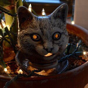 Eerie Charming Vintage Hollow Ceramic Cat Head Figurine / Incense Holder